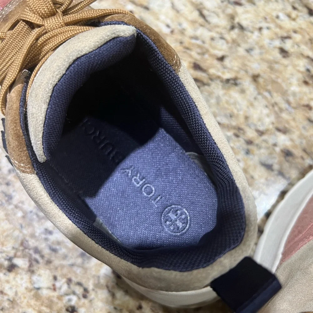 Tory Burch Good Luck Trainer Pink and Tan Sneakers 7.5